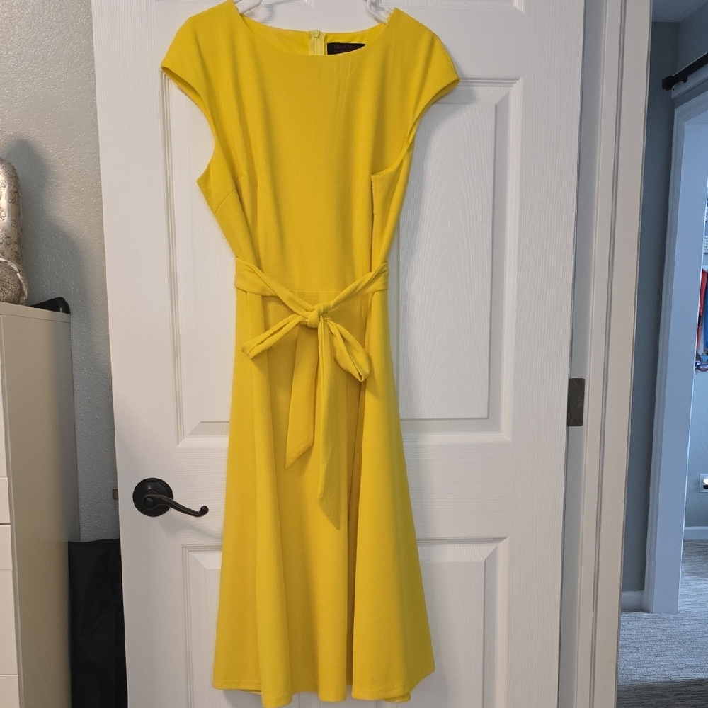 Women's Yellow Midi Dress with Tie Waist